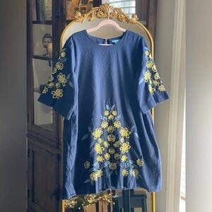 Draper James Navy Tunic with Yellow Floral Embroidery